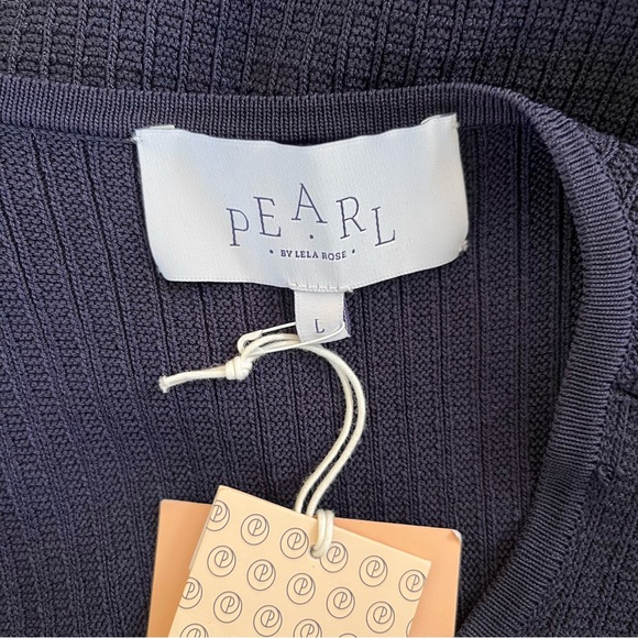 Lela Rose Pearl Navy Blue Ruffle Front Pearl Button Knit Dress L - Picture 14 of 16
